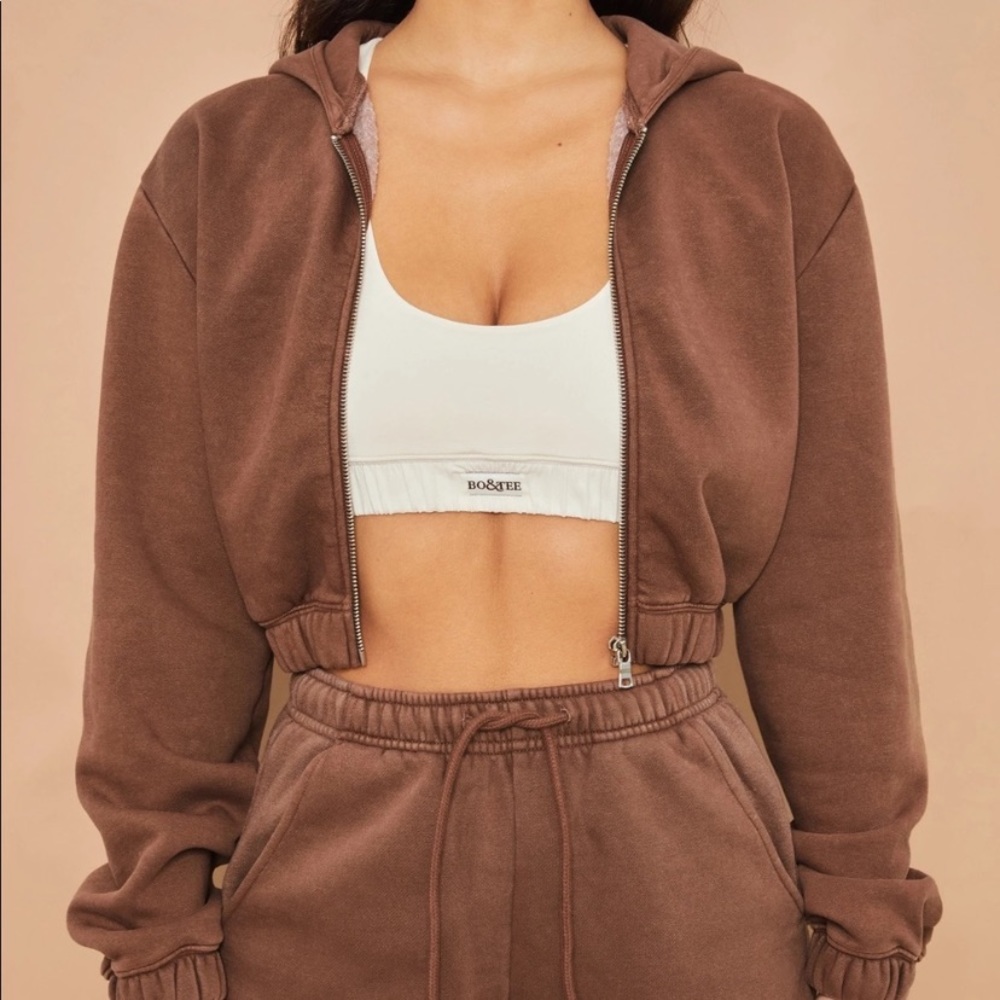 Bo+Tee /Oh Polly Vintage Sport Collection Crop Hoodie Full ZIP Brown Sz M NWT - Picture 2 of 14